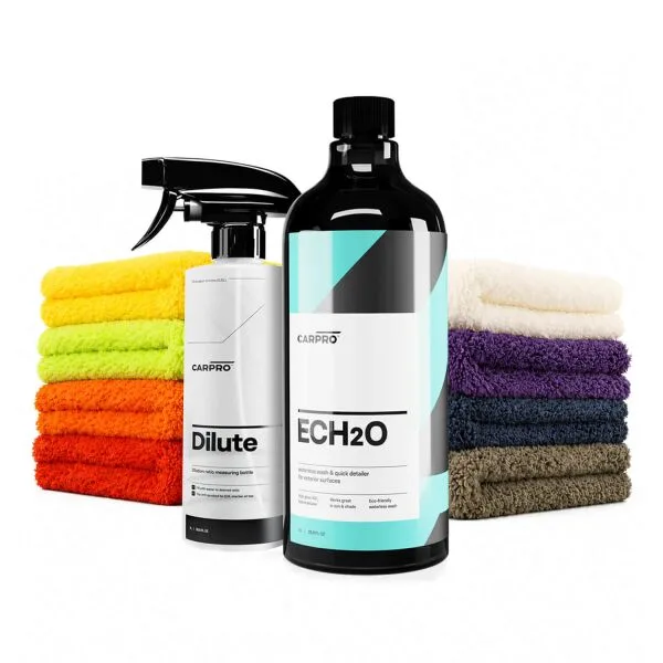 CarPro Ech2O 1L + botella de medición diluida 1L Conjunto de acción con 8 telas de microfibra